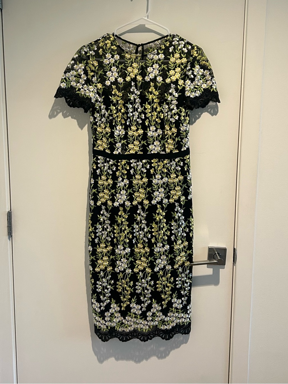 Black Floral Lace Midi Dress with Green and White Embroidery